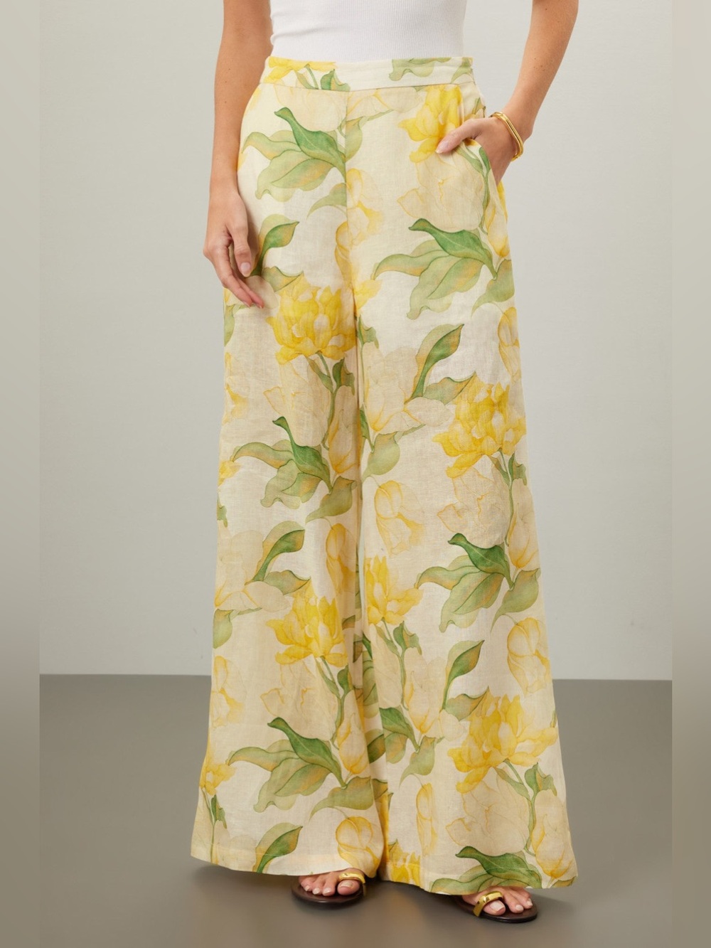 Christy Yellow Floral Wide-Leg Linen Pants